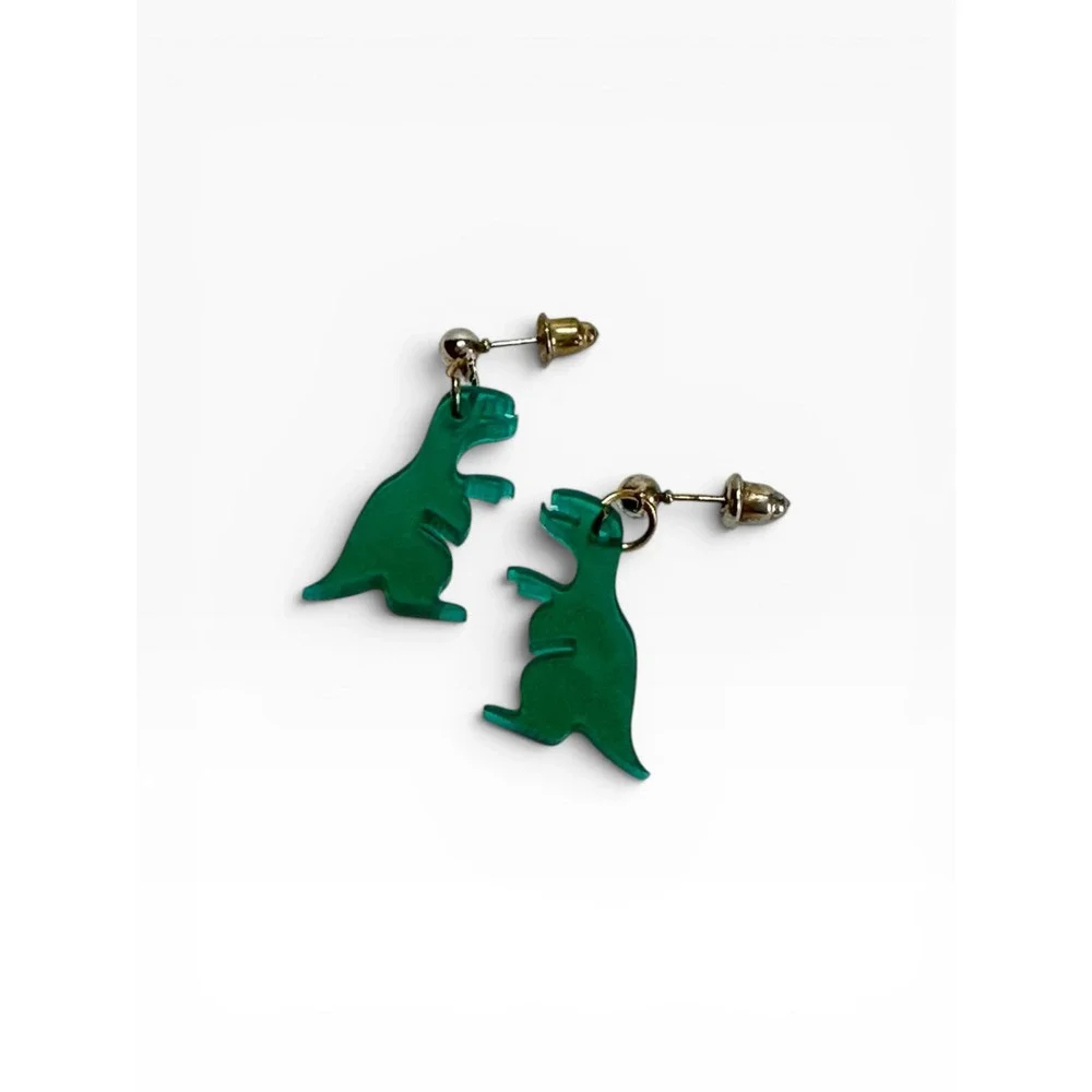 Novelty Dinosaur Drop Earrings Gold Tone w/Green Acrylic T-Rex Quirky Fun